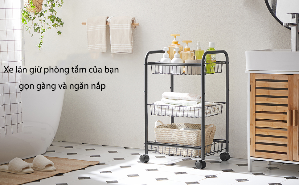 Xe đẩy 3 tầng bằng kim loại có bánh xe tự động đồ để trong nhà bếp và phòng tắm Đơn giản - màu đen - Bảo hành 10 năm