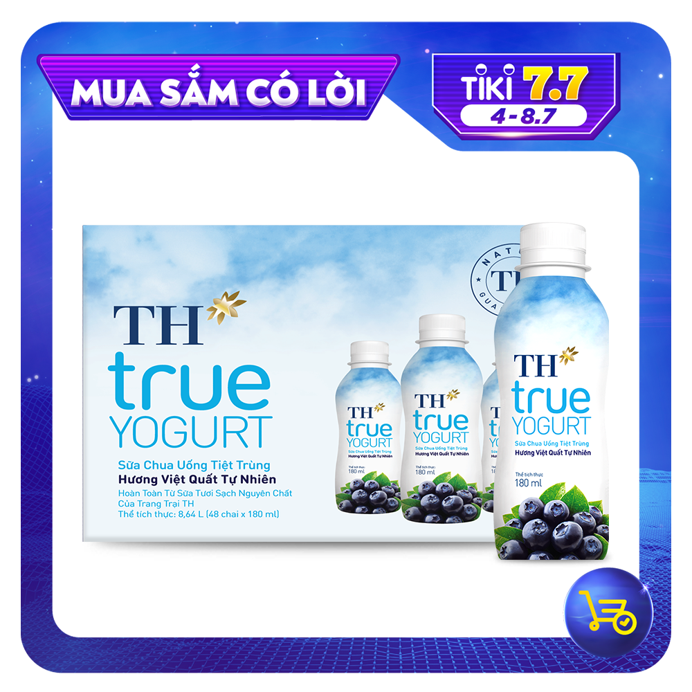 [Mua 8 tặng 1 đối thành Giảm 11%] Thùng 48 chai sữa chua uống tiệt trùng TH true YOGURT hương việt quất tự nhiên 180 ml (180 ml x 48)