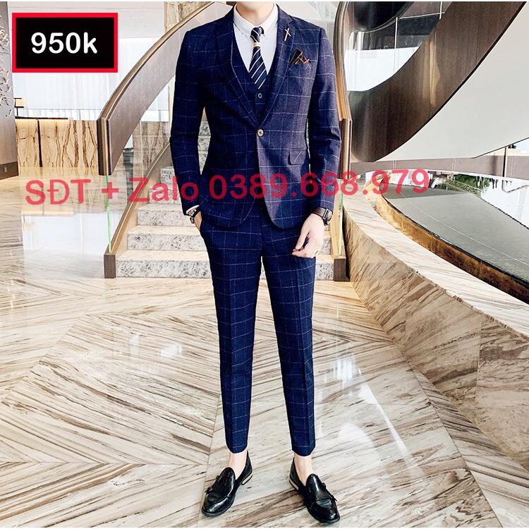 Bộ Vest Nam Cao Cấp Kẻ Caro, Bộ Suit Nam Hàn Quốc Kẻ Caro đen