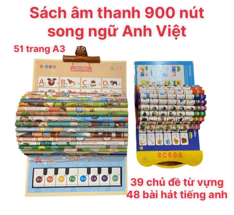 Bảng điện tử âm thanh 900 nút song ngữ Anh-Việt Hopkids 51 trang + 48 bài hát tiếng anh kèm sạc pin