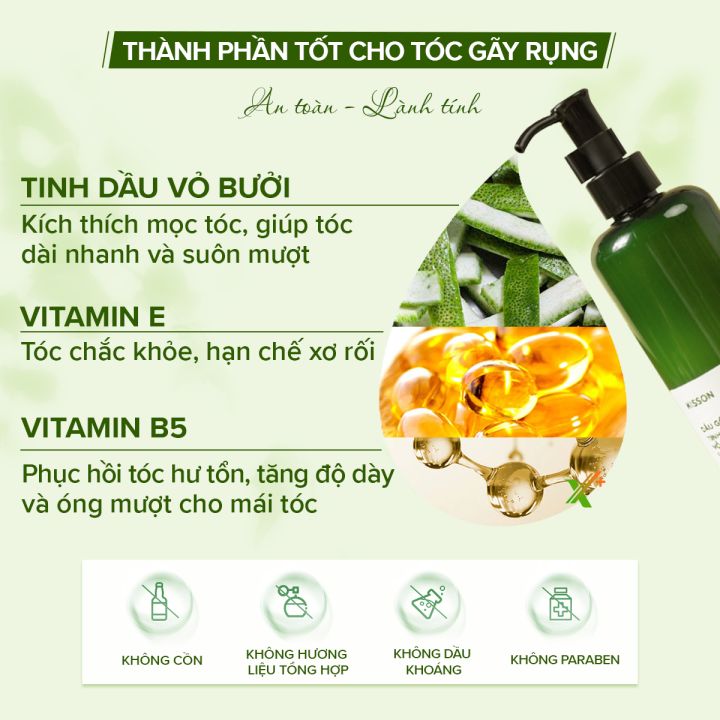 Dầu gội tinh dầu vỏ bưởi - Giảm  gãy rụng và khô xơ - Cung cấp dưỡng chất nuôi dưỡng chân tóc và da đầu - Phục hồi hư tổn giúp tóc suôn mượt và mềm mại