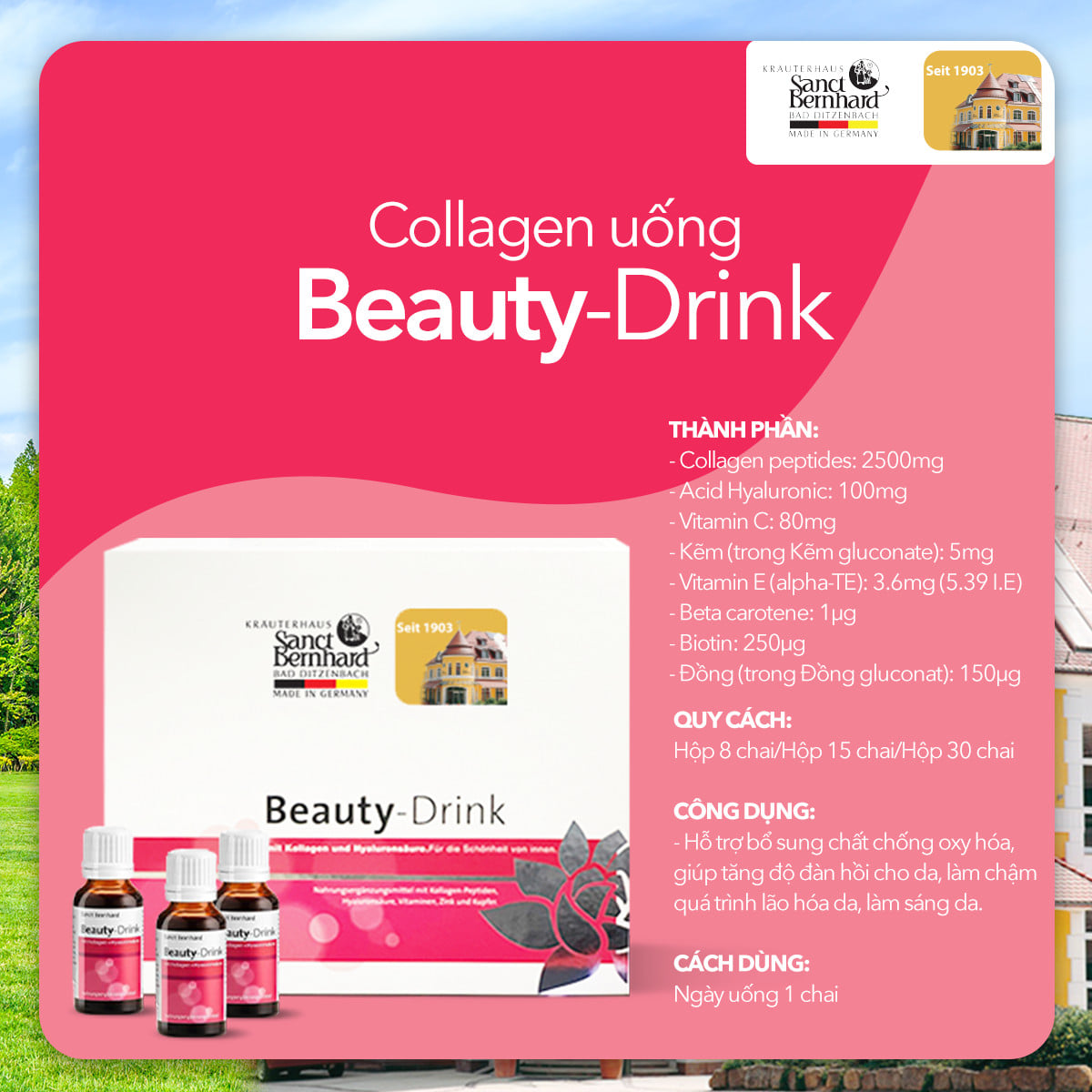 Nước uống đẹp da Collagen Beauty Drink giúp bổ sung Collagen giúp cải thiện nếp nhăn và độ đàn hồi của da, giúp da sáng mịn, hỗ trợ chống lão hóa, mang lại một làn da tươi trẻ rạng ngời từ bên trong.