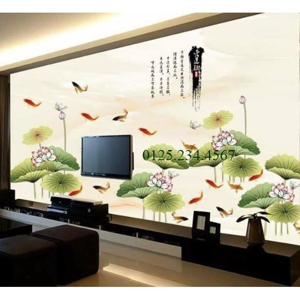 Decal dán tường combo 2 tranh tre xanh + cá và sen