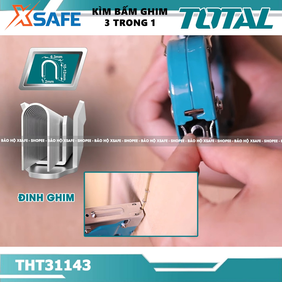 Kìm bấm đinh ghim đa năng 3 trong 1 TOTAL THT31143 Kềm bấm ghim điều chỉnh lực bắn kèm 600 mũi ghim U, đinh, chữ nhật