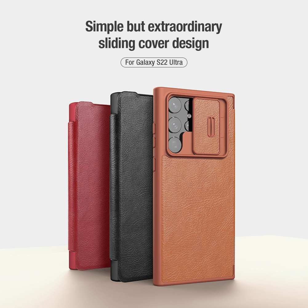 Case bao da chống sốc cho Samsung Galaxy S22 Ultra hiệu Nillkin Qin Pro trang bị nắp bảo vệ Camera - hàng nhập khẩu