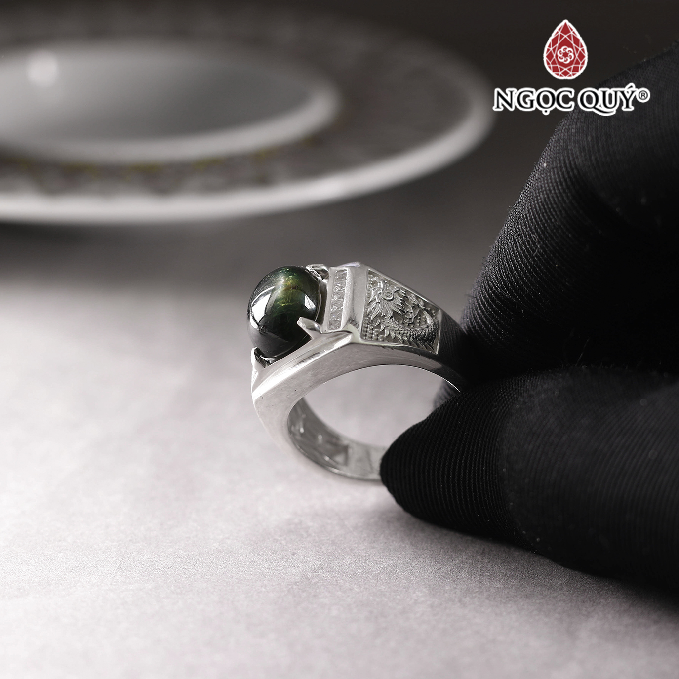 Nhẫn bạc nam đính đá sapphire 12x9mm Ni20 - Ngọc Quý Gemstones