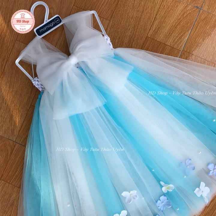 Váy công chúa cho bé ️️ Váy xanh thiên thanh phối trắng nơ trắng cho bé