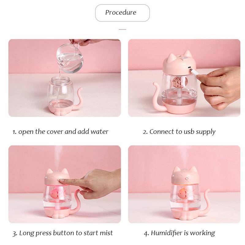 350ML Mèo USB Tạo Độ Ẩm Không Khí Mini Tinh Máy Khuếch Tán Tinh Dầu Di Động Nhà Humidificador Phun Sương Tạo Ấm Đèn