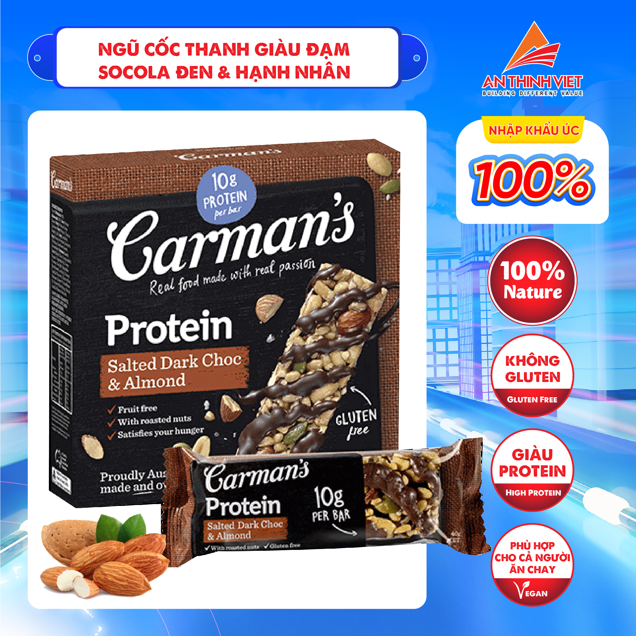 Thanh Giàu Đạm Socola Đen, Hạnh Nhân Carman's - Protein Bar Salted Dark Choc & Almond hộp 200g