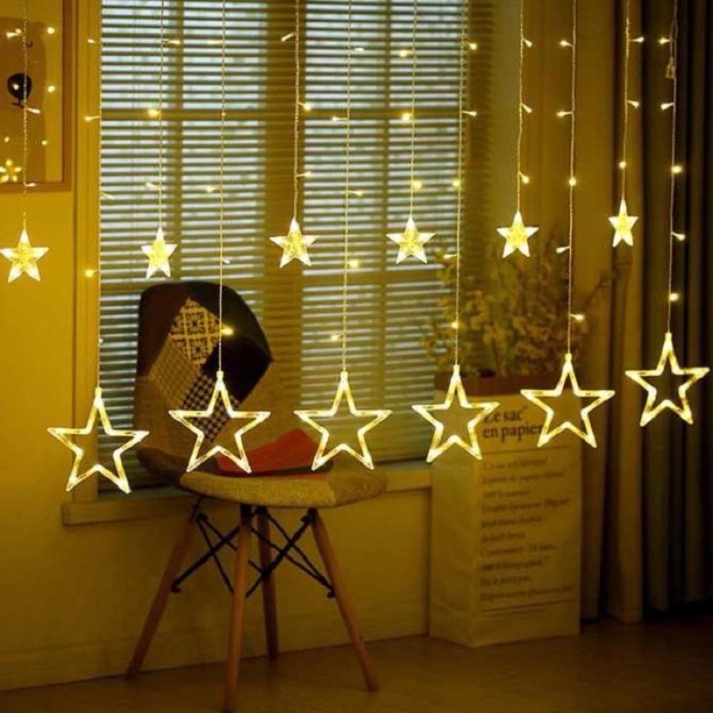 Dây đèn led hình ngôi sao trang trí lều, rèm - Dây đèn chớp trang trí quán cafe, decor phòng khách phòng ngủ Noel Tết.