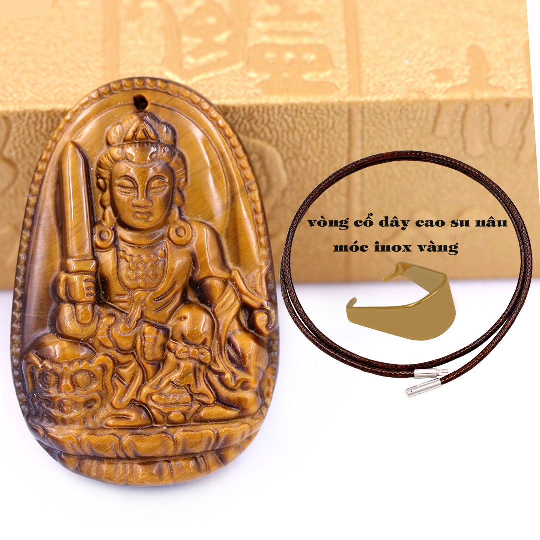 Mặt Phật Văn thù đá mắt hổ 3.6 cm kèm móc và vòng cổ dây cao su nâu, Mặt Phật bản mệnh