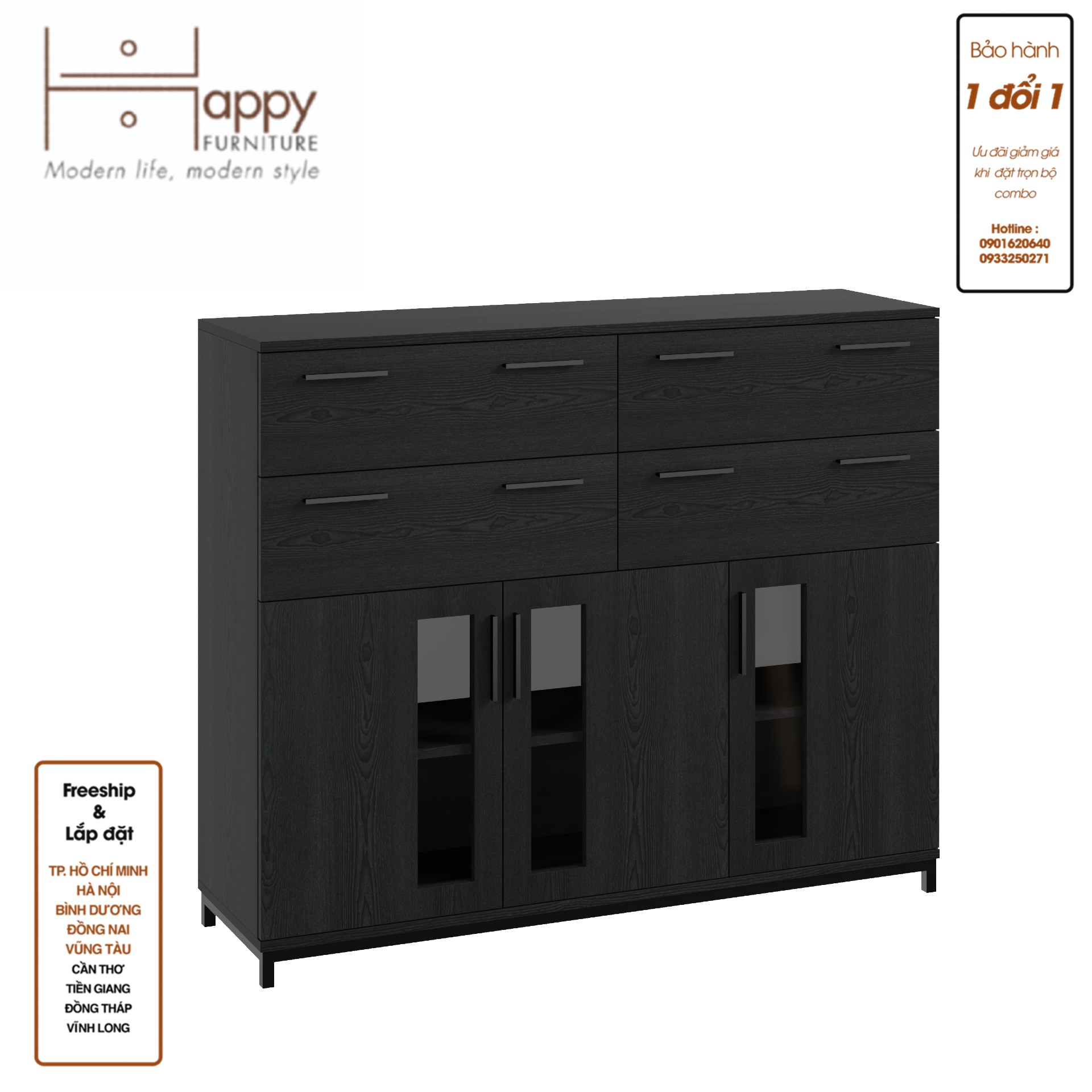 [Happy Home Furniture] LOUIS , Tủ lưu trữ 4 ngăn kéo 3 cửa mở - chân sắt , 126cm x 36cm x 104cm ( DxRxC), THK_060