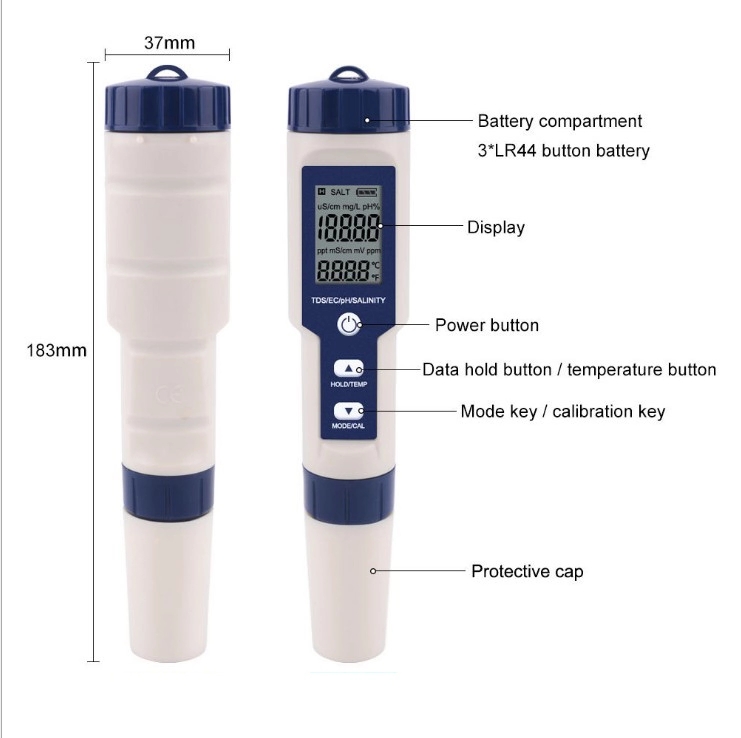 Máy Đo Kiểm Tra Chất Lượng Nước [EZ-9909SP]: 5 in 1  [ pH / Mặn / EC / TDS / Nhiệt độ ], Mới Nhất Với Điện Cực Có Thể Thay Thế, Độ chính xác cao, Có Thể Đo Độ Mặn Nước Biển.