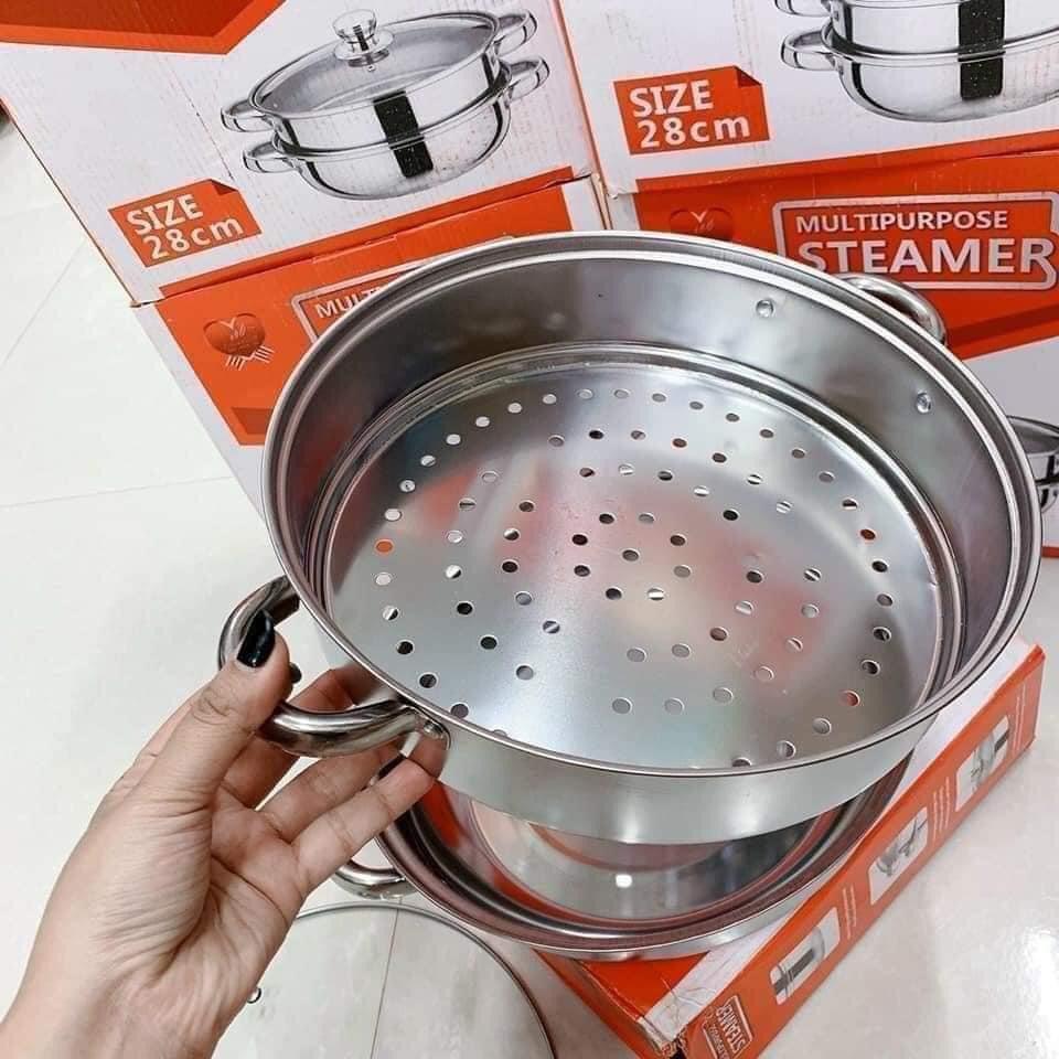 Nồi hấp inox 2 tầng nắp kính cao cấp 28cm dùng được mọi loại bếp