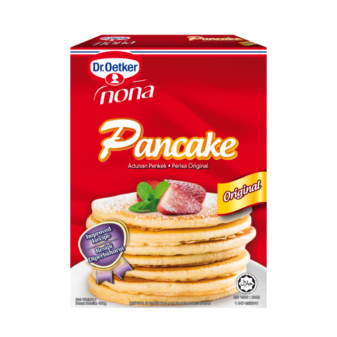 COMBO 1 Hộp Bột Làm Bánh Rán (Pancake) Pha Sẵn Dr. Oetker 400g + 1 Lon Đào Ngâm Đường Pavlides 820g