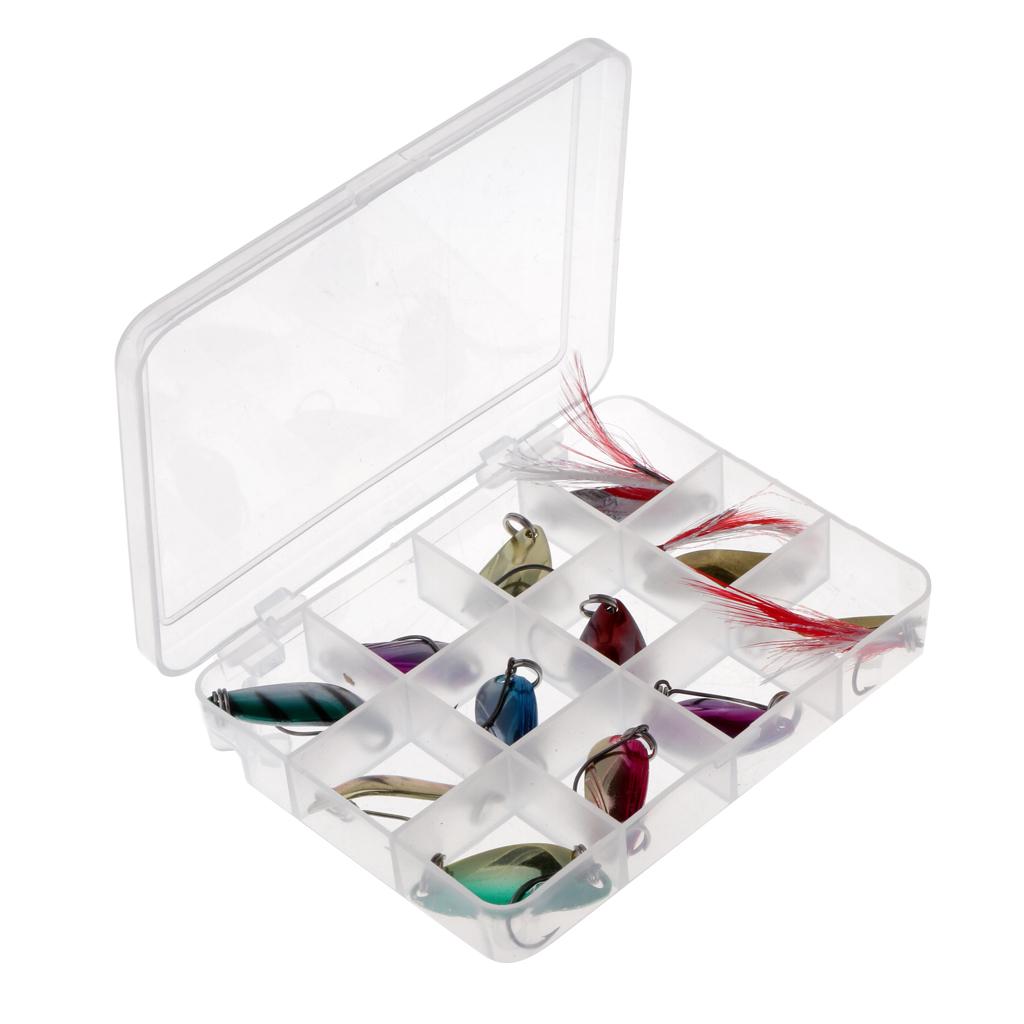 12Pcs Metal Fishing Lures Spoon Spinner Baits Treble Hook with Box