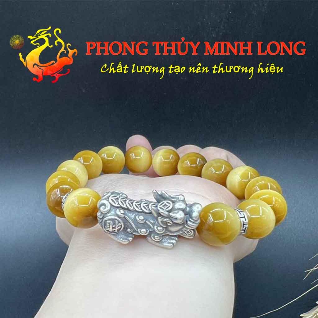 Vòng đá mắt hổ Vàng Tâm chất lượng 5A mix Tỳ Hưu bạc Thái hợp mệnh Thổ và Kim