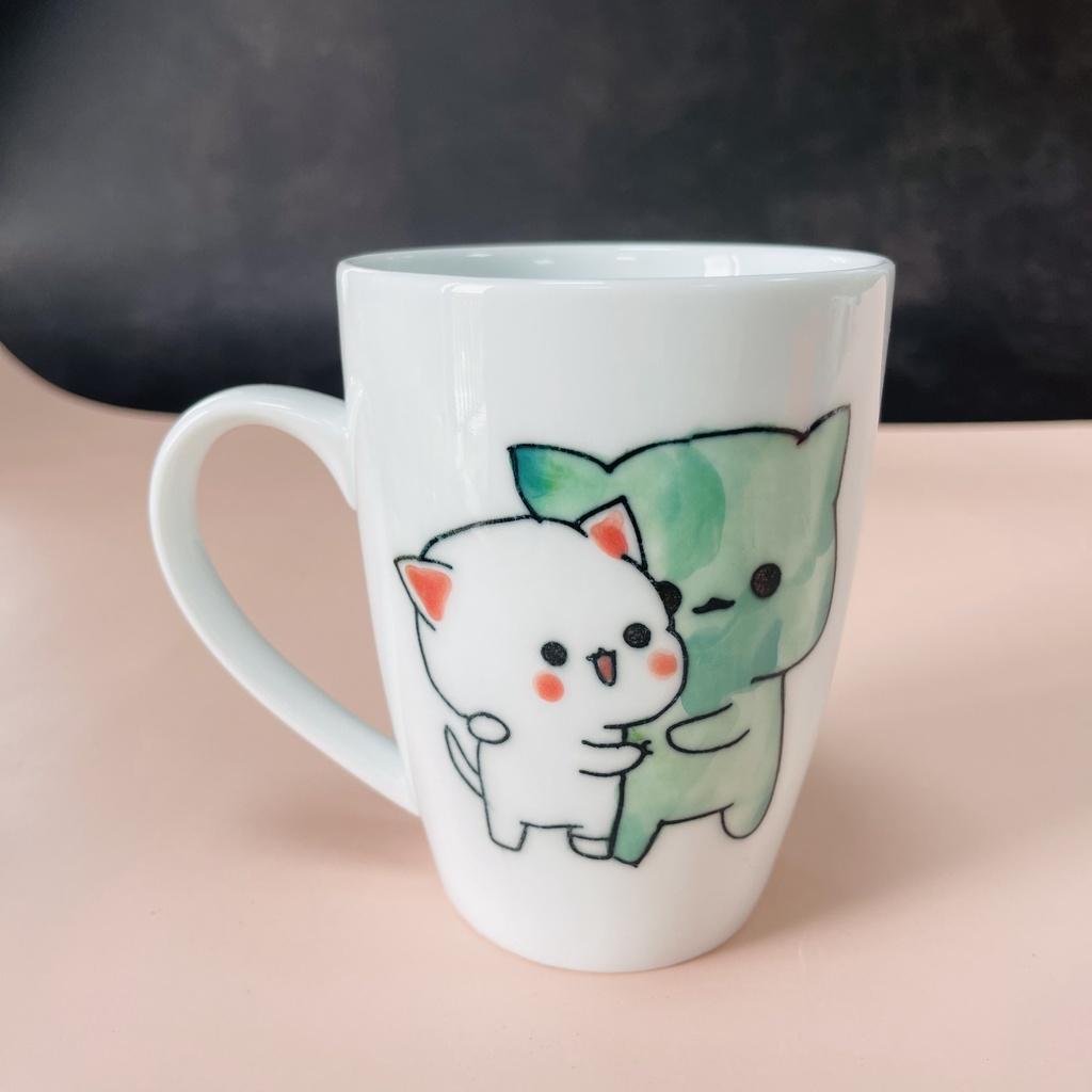 Ly Sứ Cao Cấp Họa Tiết Vẽ Tay Thủ Công Dễ Thương - Cốc Sứ Uống nước có Nắp Dung Tích 400ml