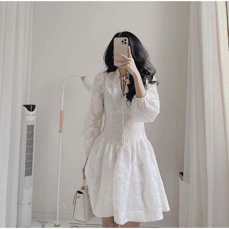 Đầm váy xoè ngắn ren nổi lót lụa nhún eo tay phồng nude trắng cổ V đi biển dự tiệc dạo phố bigsize gợi cảm sexy