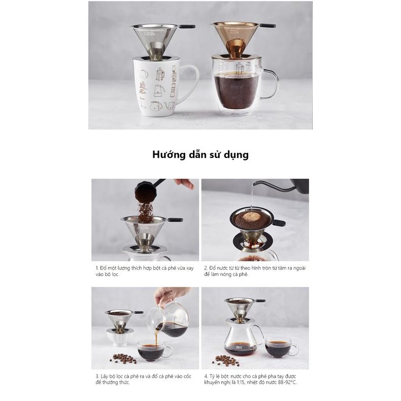 Phễu pha cà phê Pour Over thương hiệu Hero, phễu lưới thép không gỉ 304