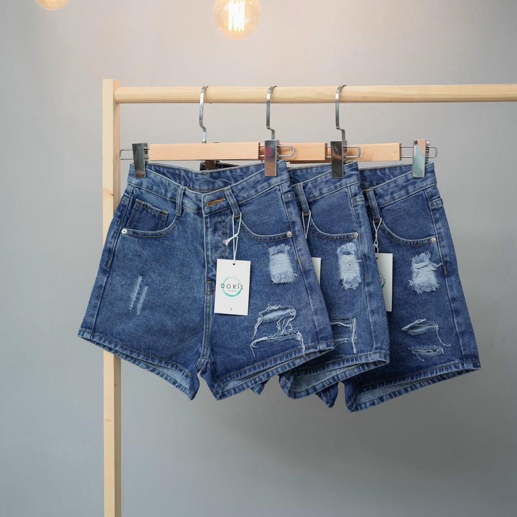 Quần short jean nữ lưng cao phối rách denim cotton, rin ngắn phối rách William - AT87