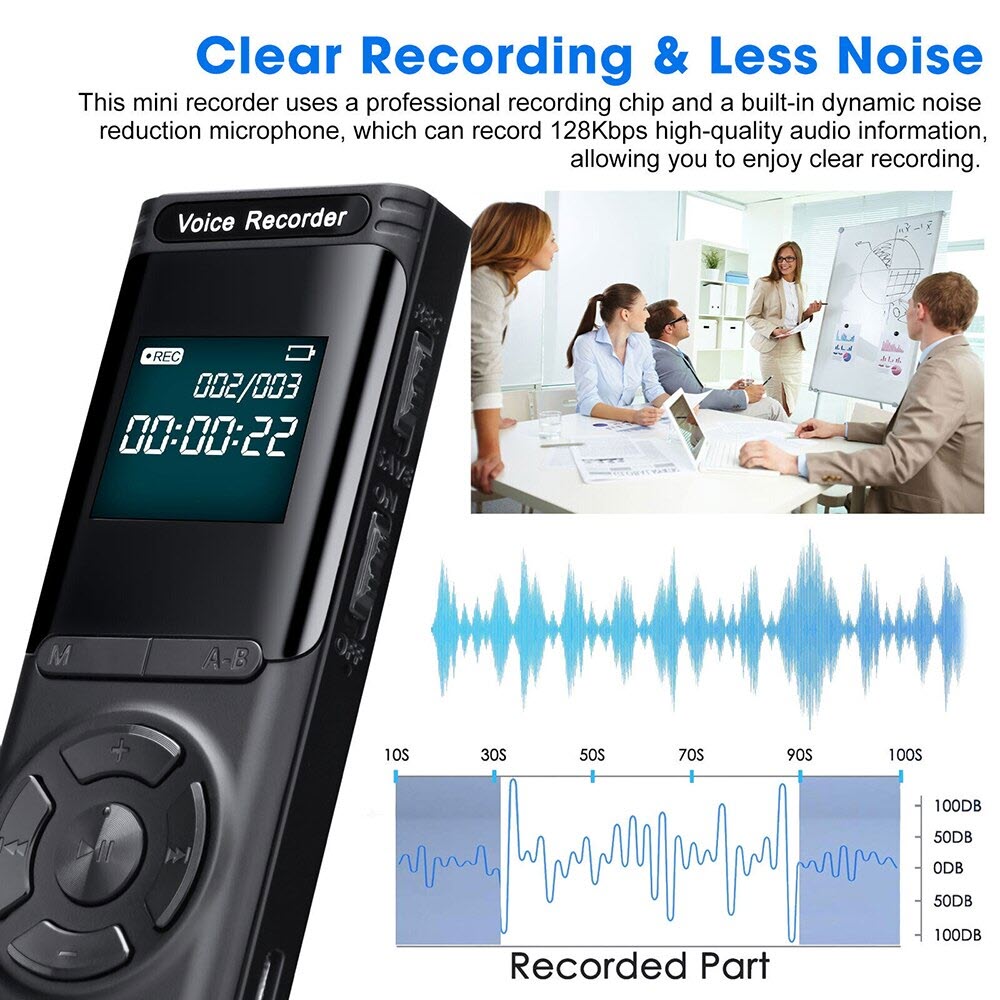 ROGTZ - Máy ghi âm GA902 32GB DSP khử tiếng ồn Kích hoạt ghi âm giọng nói MP3/WAV 92kbps 0Hz-20kHz Pin 13 giờ Nhỏ gọn Hiện đại Kim loại Màn hình LCD Thẻ nhớ 128GB Micro đa hướng Chống ồn Hẹn giờ Nghe nhạc Kết nối máy tính Giá rẻ Hàng Chính hãng