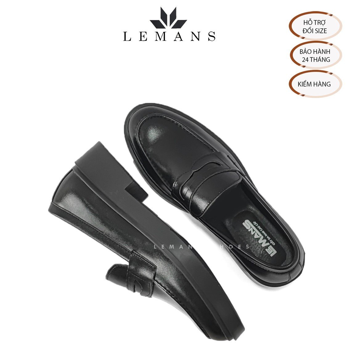 Giày da bò Penny Loafer Black LEMANS PL01D, da bò nguyên tấm, tăng chiều cao 4cm, bảo hành 24 tháng