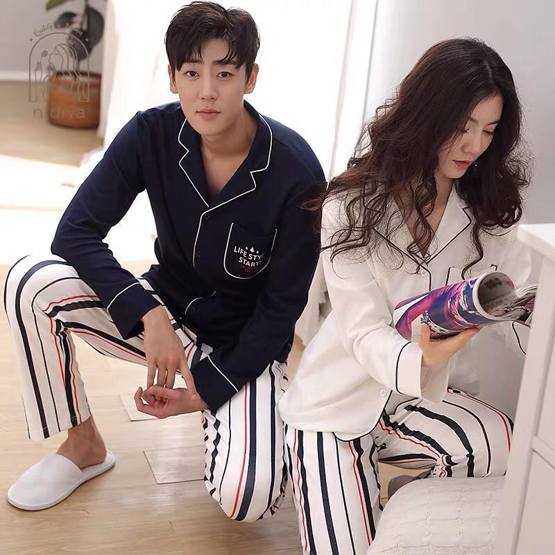 Bộ pyjama nữ vải thun cotton áo trắng Life style họa tiết kẻ sọc