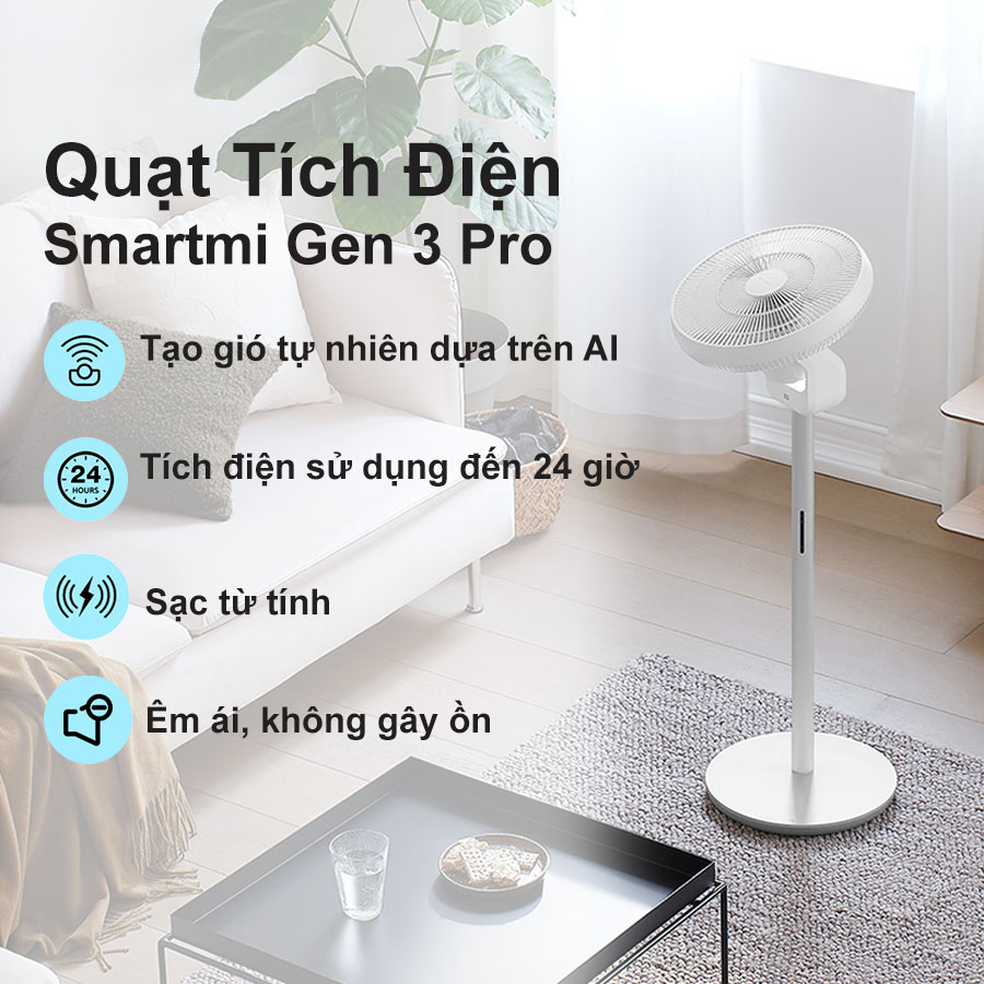 Quạt Tích Điện Đối Lưu Xiaomi Smartmi  Gen 3 Pro Circulation Fan 【 Xoay 3D ◆ Dùng 40h Liên Tục ◆ AI Thông Minh】 - Hàng Nhập Khẩu