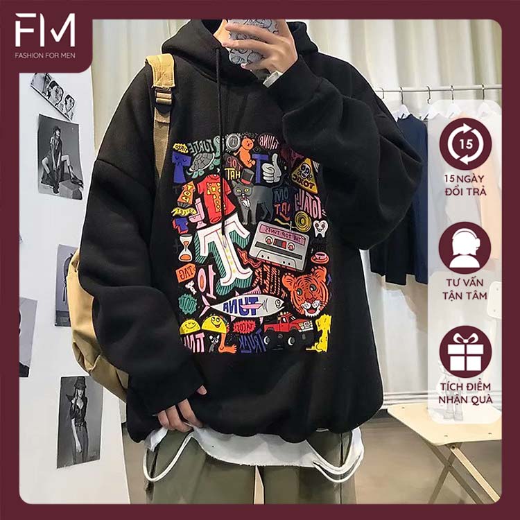 Hình ảnh Áo hoodie nam nữ form rộng Unisex một màu in hoạt hình cá tính Hàn Quốc – FORMEN SHOP – FMGV034