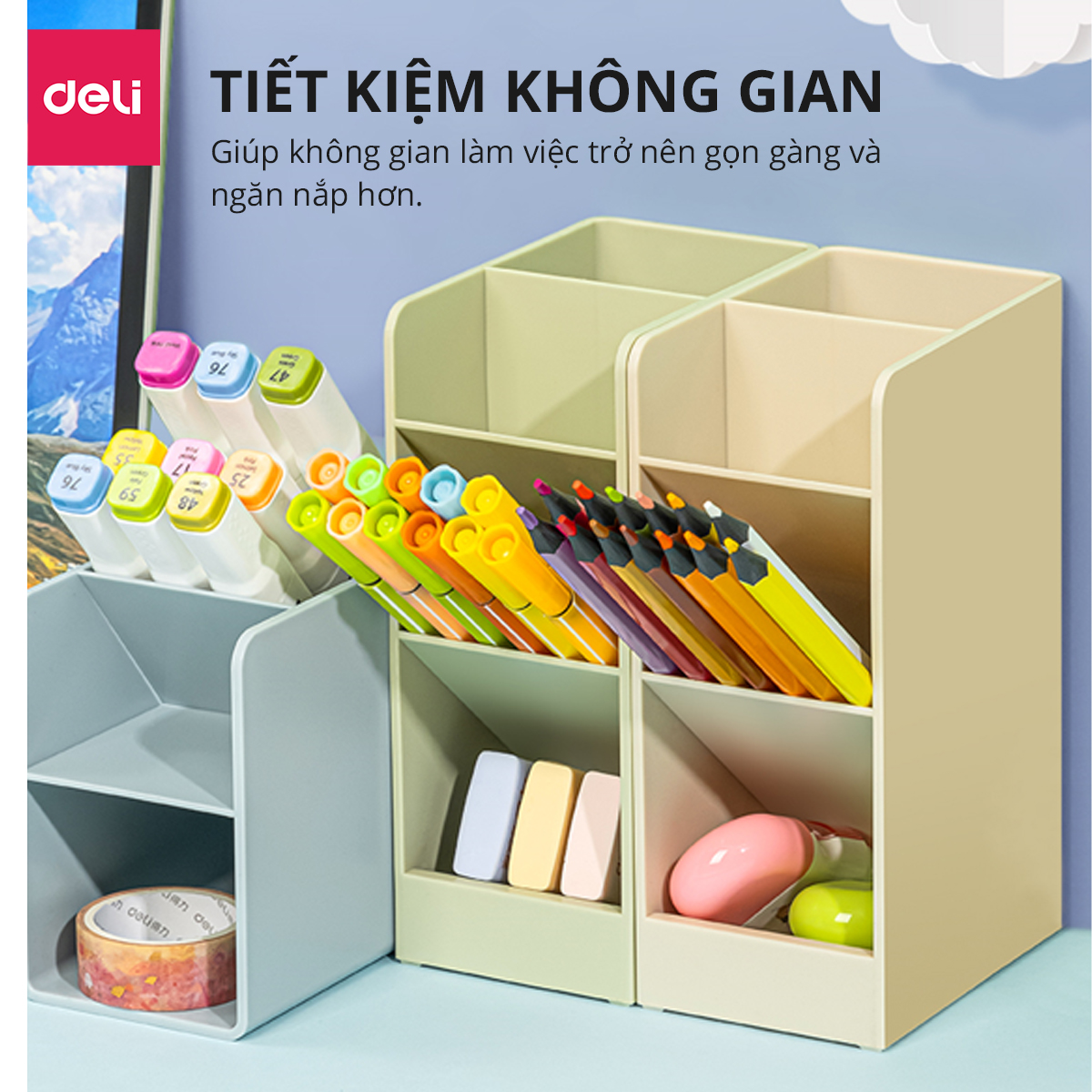 Ống cắm bút đựng đồ văn phòng son mĩ phẩm Deli - 4 / 5 / 8 ngăn - Màu morandi pastel  - Giúp bàn làm việc góc học tập gọn gàng - 8939