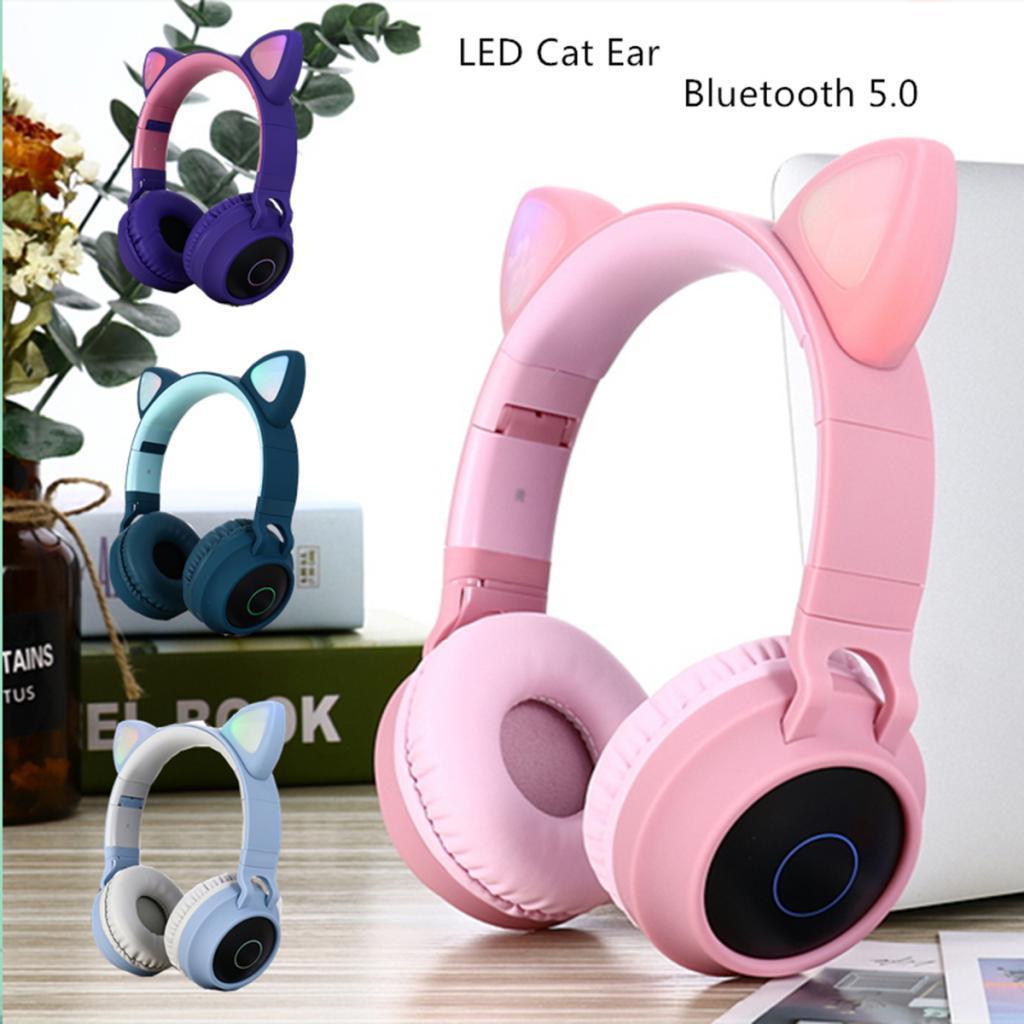 Bluetooth Cat Ear Headband LED Lights Headphones Earphone Headset w/Mic Pink