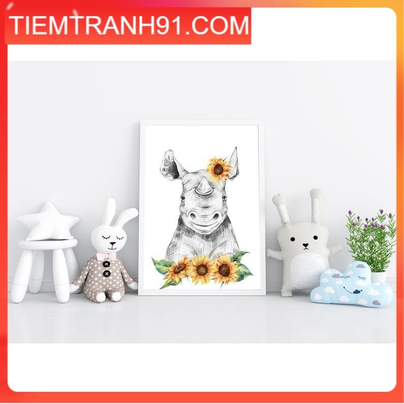 Tranh treo tường | Tranh cho bé-Rhino Wall Art for Nursery Decor, Rhino with Sunflowers Print 71 , tranh canvas giá rẻ
