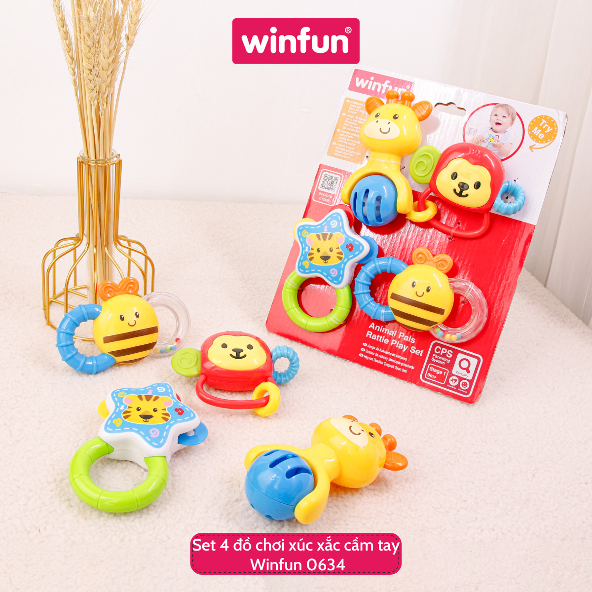 Set 4 đồ chơi xúc xắc cầm tay, gặm nướu chủ đề động vật hoang dã Winfun 0634-NL