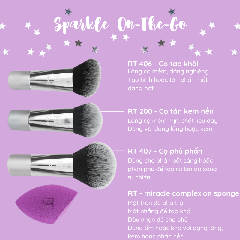 Bộ cọ 3 cây kèm bông mút Real Techniques sparkle on the go