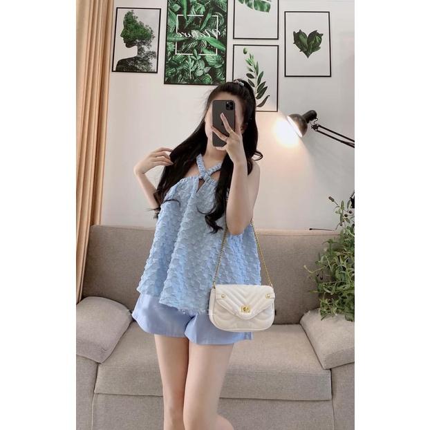 Set áo 2 dây dáng xoè chất xốp nổi phối quần short
