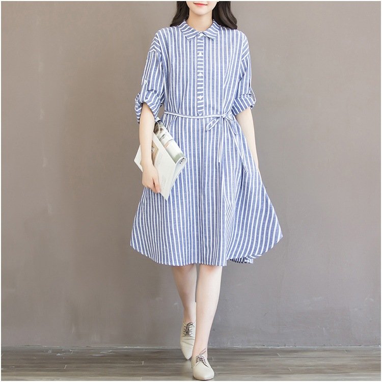 Đầm sơ mi nữ tay ngắn kẻ ullzang thời trang nữ Đũi Việt DV185