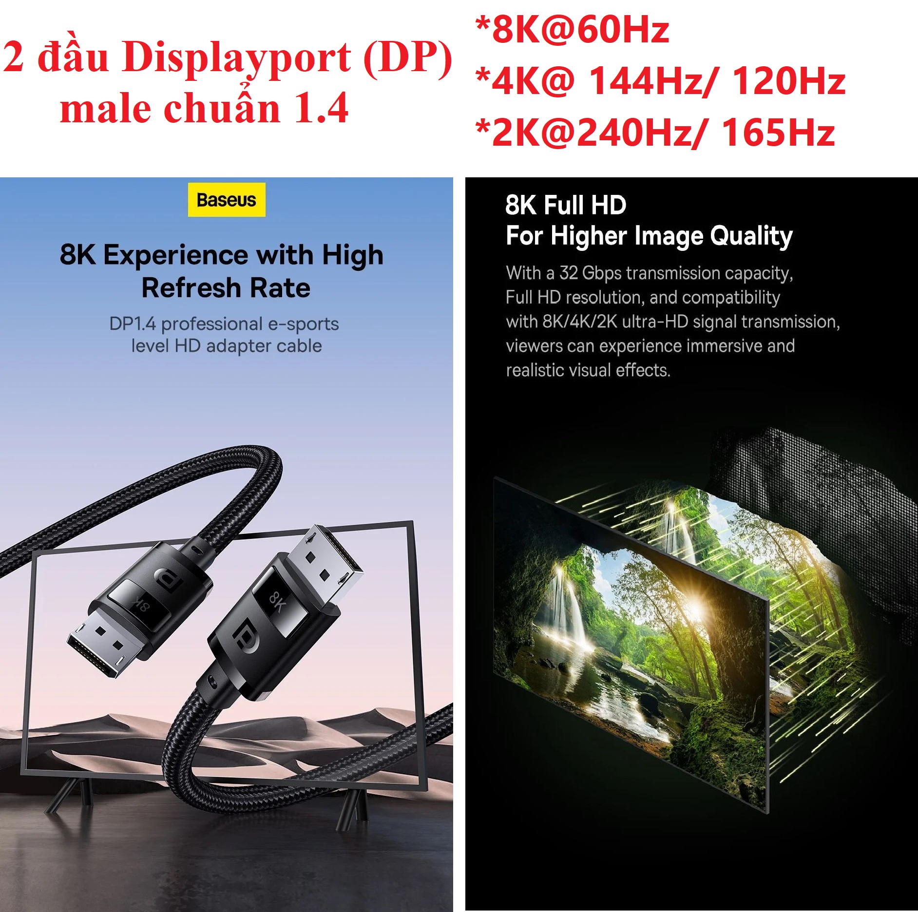 [ DP1.4 sang DP1.4 ] Cáp truyền hình ảnh 2 đầu Displayport 8K@60Hz dây dù siêu bền Besesu High Definition BS-OH141 _ hàng chính hãng