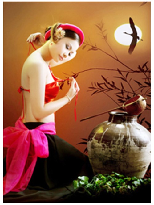 Tranh đính đá cô gái bên trăng LV226 - 50 x 64 cm - chưa đính