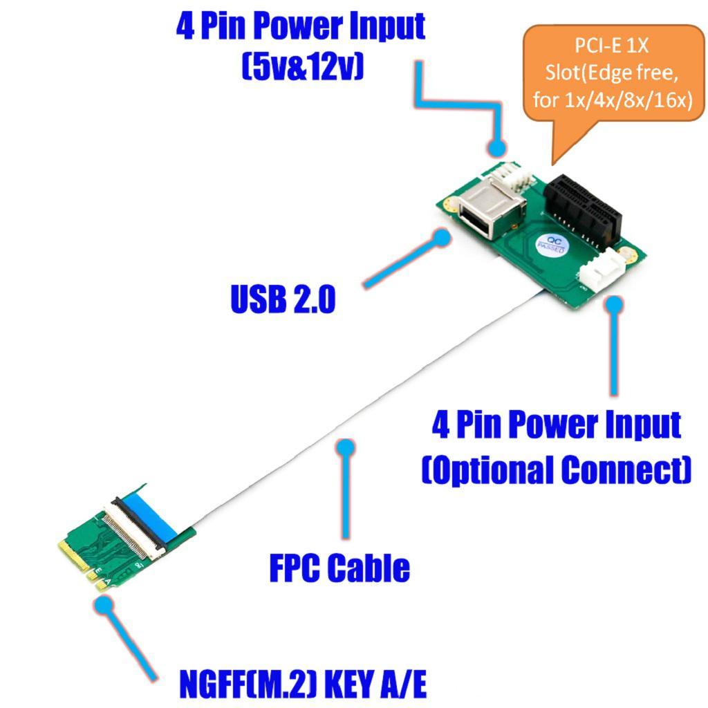 Replacement PCI-E X1 to NGFF M.2 Key A/E SSD Adapter w/ USB Port & FPC Cable