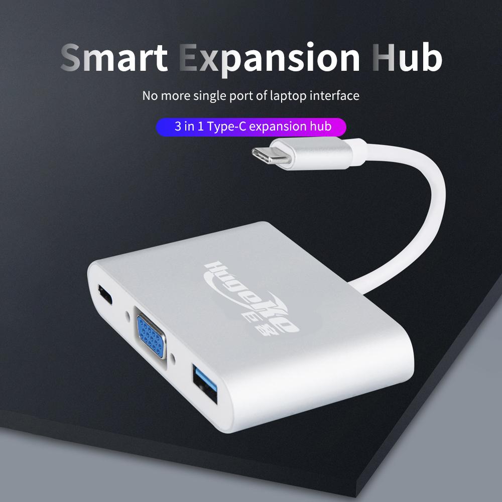 Bộ chuyển đổi Hugeke 3 in 1 Type-C Hub USB C to USB3.0 / VGA / Type-C 1080P thay thế cho Mac / Huawei / Samsung
