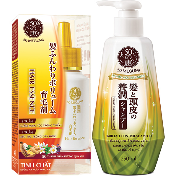 Combo 01 Tinh chất dưỡng và ngăn rụng tóc 50 Megumi Hair Essence 30 ml + 01 dầu gội ngăn rụng tóc 50 Megumi Hair Fall Control Shampoo 250 ml