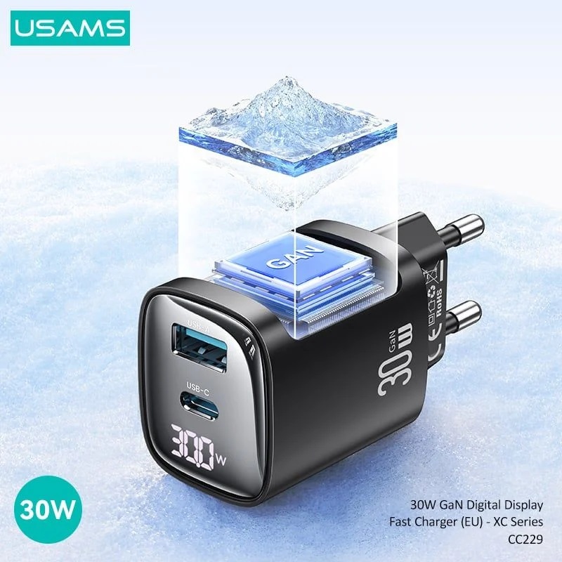 Củ sạc nhanh USAMS CC229 tích hợp 2 Cổng A+C 30W GaN Digital Display Fast Charger- Hàng Chính Hãng