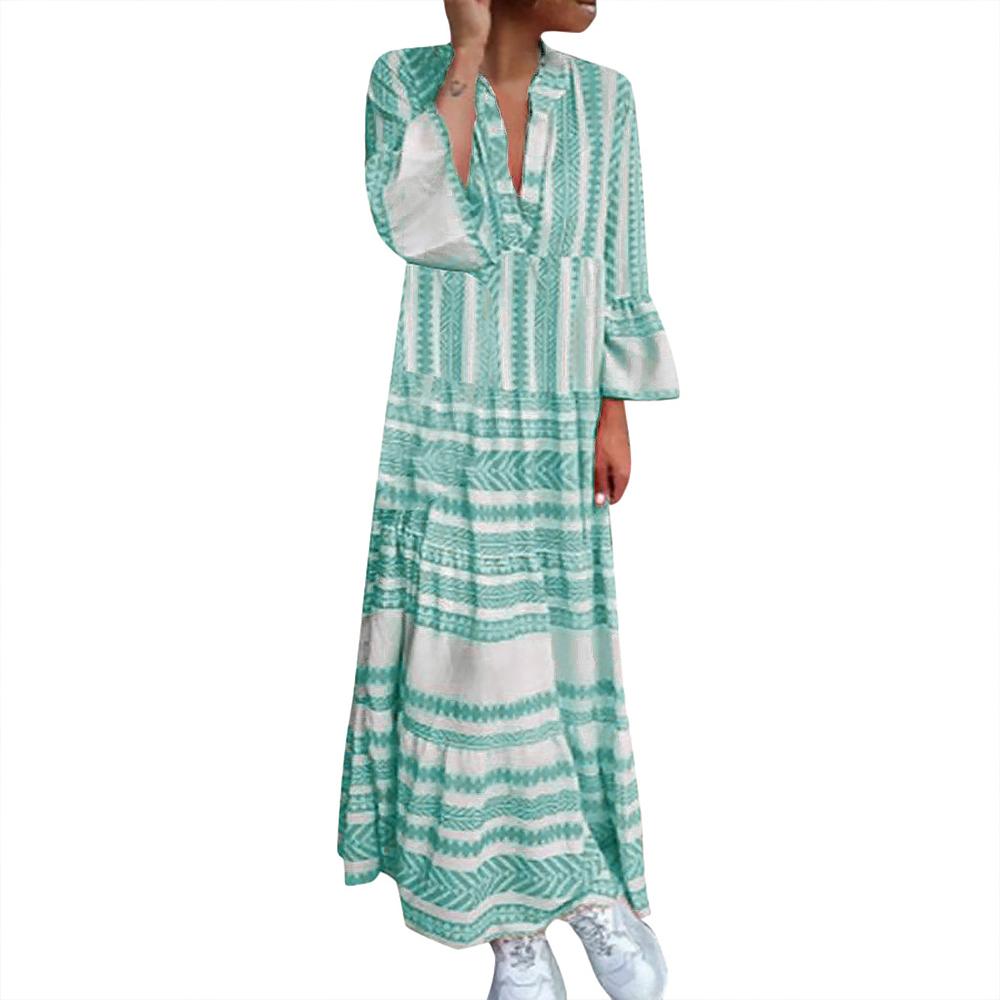 Women Dress Beach Wear Printed V Neck Long Sleeves Party Bohemian Casual Long Dresses