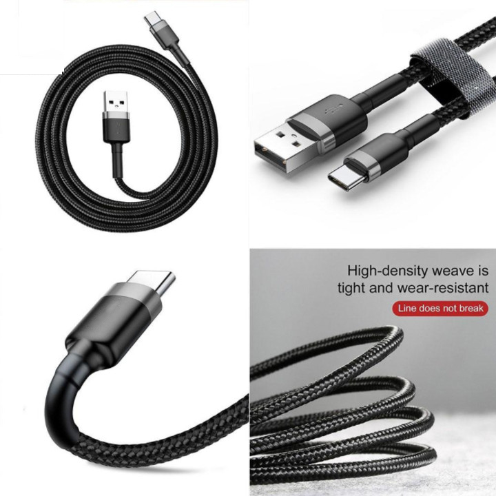 Cáp sạc USB Type C, Cáp sạc dùng cho điện thoại Xiaomi, samsung, HTC... Type C  3A màu đen, Dây dù dài 1M