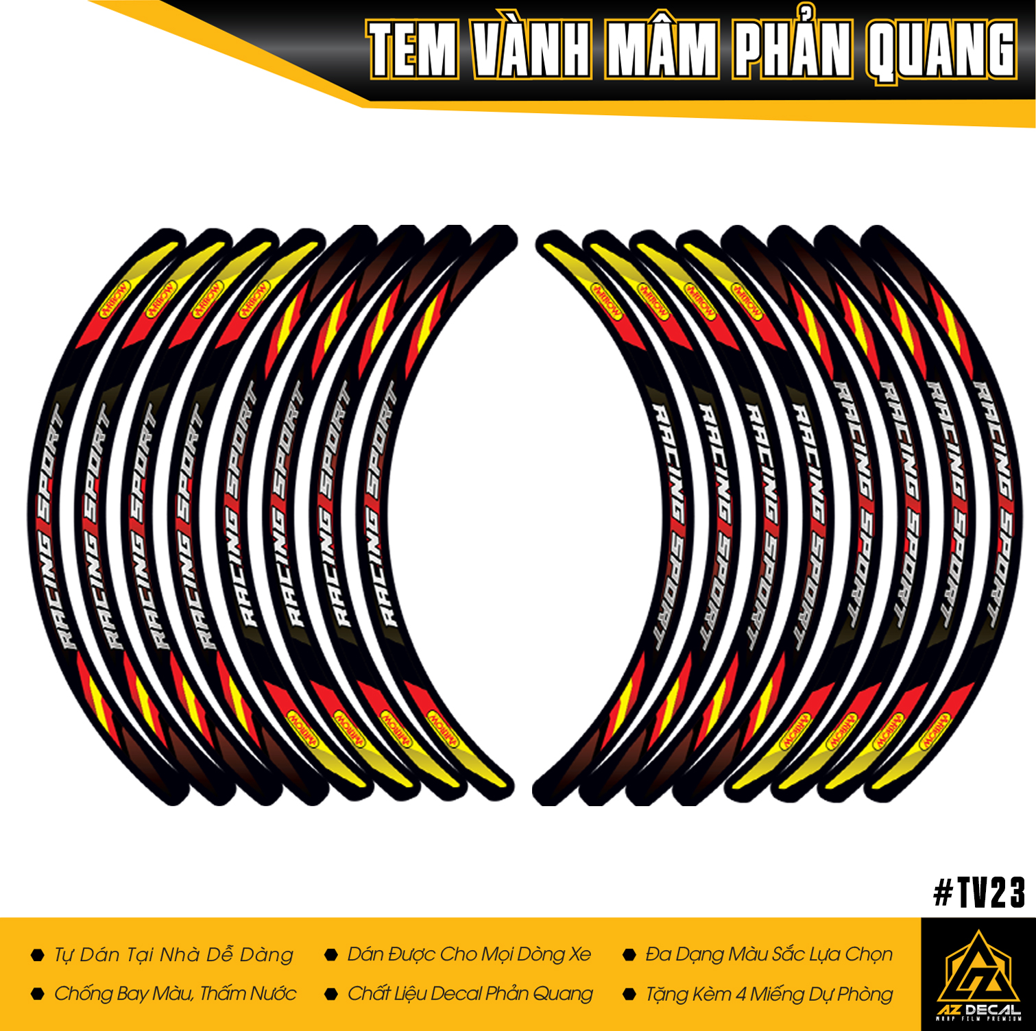 Tem Dán Vành Mẫu Racing Sport Cho 2 Bánh | TV23 | Decal Vành Mâm Phản Quang Chống Nước, Chống Phai Màu