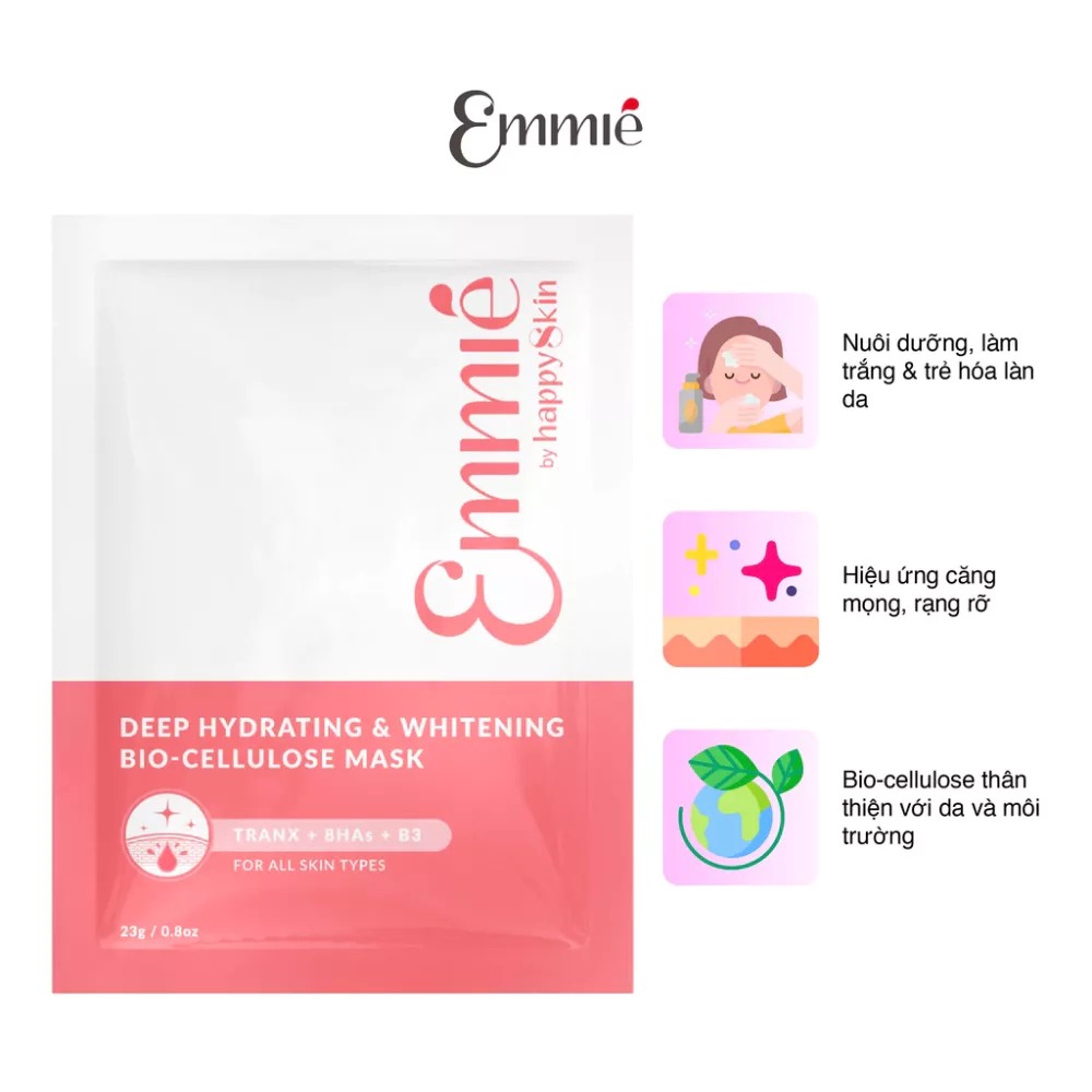 Hộp 10 miếng Mặt Nạ Sinh Học Làm Trắng &amp; Cấp Ẩm Sâu Deep Hydrating &amp; Whitening Bio-Cellulose Mask Emmié by Happy Skin