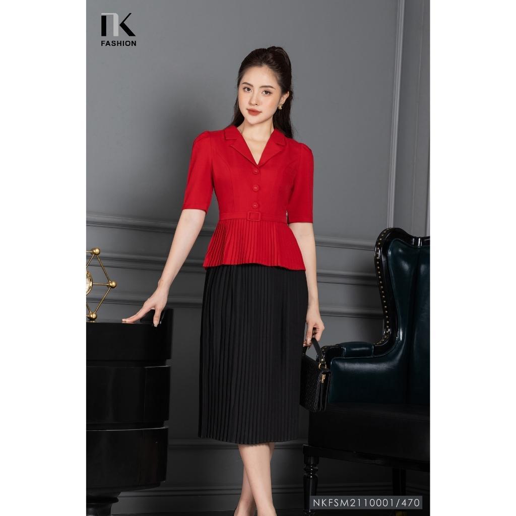 Áo Ký Giả Peplum Dập Ly UK Fashion Thiết Kế Tay Ngắn Bo Eo Điệu, Chất Liệu Nhập Hàn Mềm Mịn NKFSM2110001