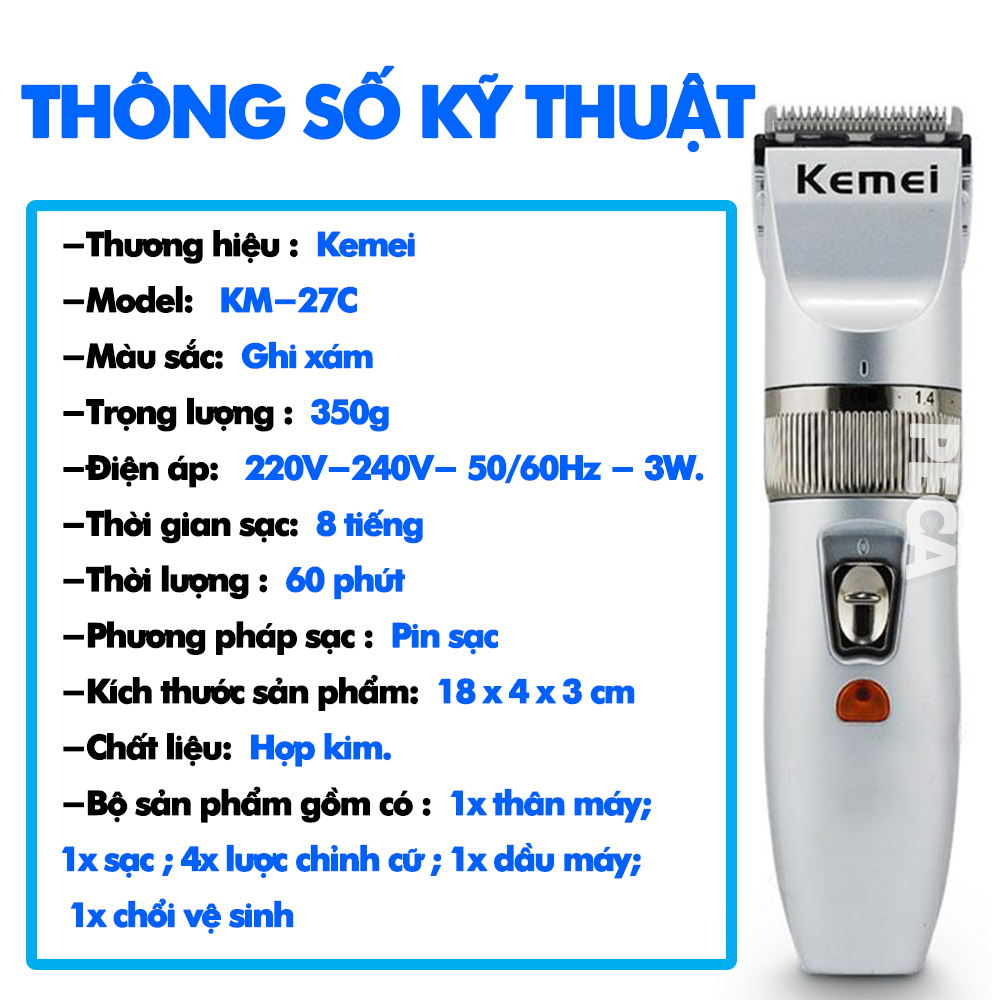 Tông Đơ Cắt Tóc Giá Tốt Máy Chạy Êm Không Dây Kemei KM 27C Chuyên Dụng Cắt Tóc Trẻ Em Sơ Sinh, Cá Nhân Nam Nữ và Gia Đình, Lưỡi Sứ An Toàn Dễ Sử Dụng Có 4 Mức Điều Chỉnh Lưỡi Kèm Giá Đỡ Thông Minh