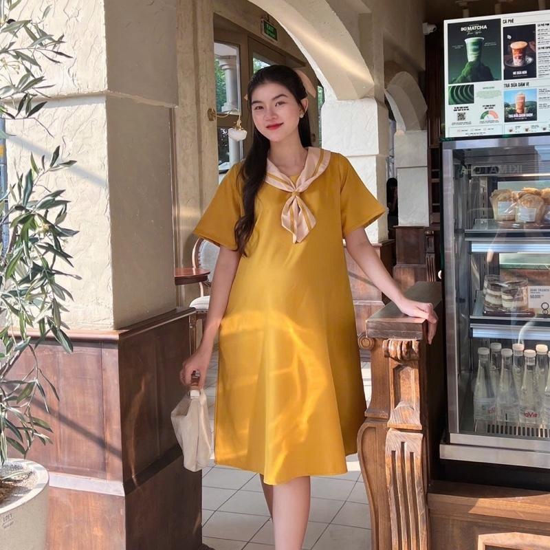 Đầm Bầu Công Sở Vải Trơn Chất Cotton Lạnh Phối Cổ Nơ Dáng Suông Thanh Lịch, Nhẹ Nhàng - Xanh đậu